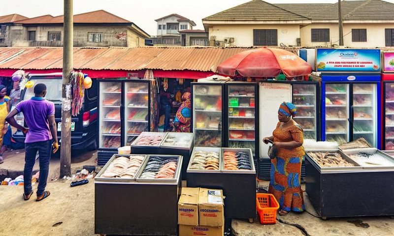 A scene in a Lagos suburb captures a Nigerian frozen food vendor at her vibrant outlet. [DALL-E]