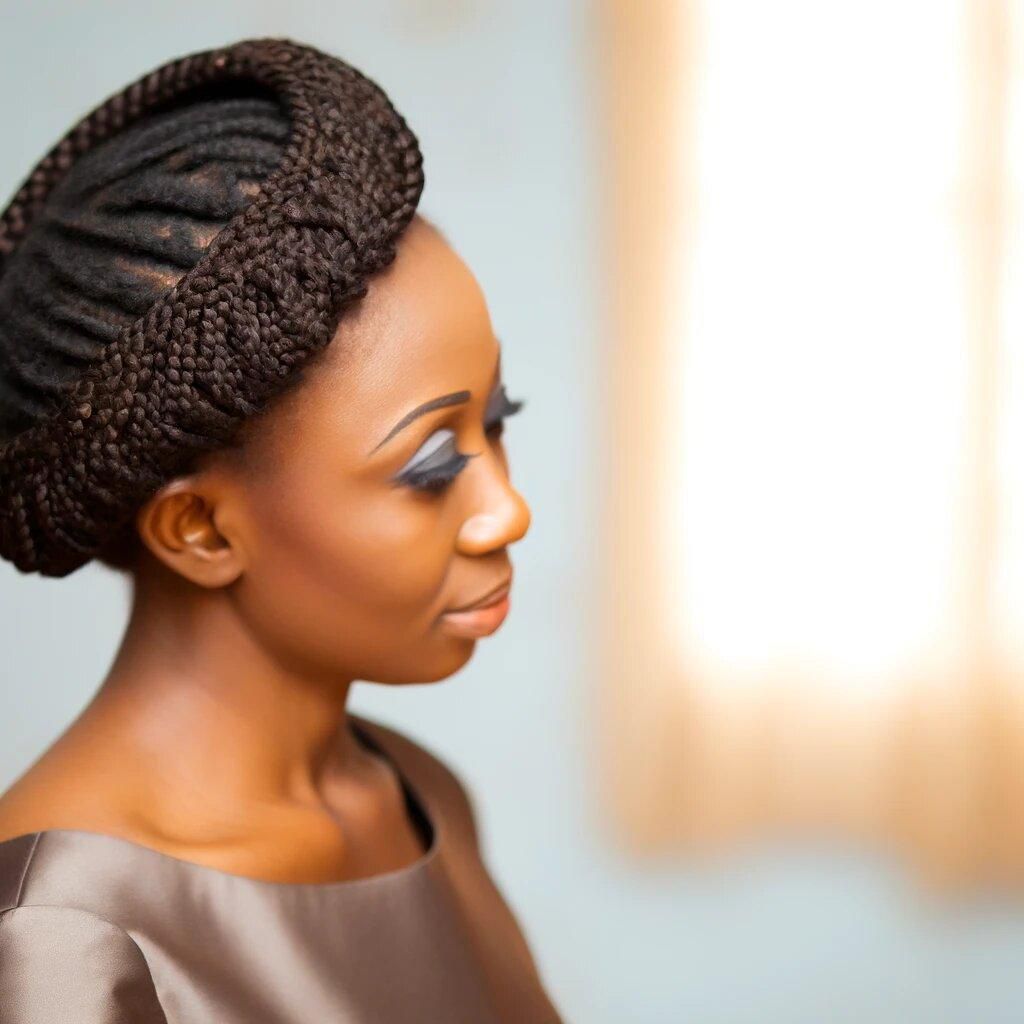 DALL·E 2024-05-08 125051 - Image of an African woman with Halo Braids hairstyle The woman is dressed in a refined, elegant dress suitable for formal occasions The hairstyle fe