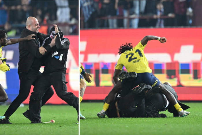 Super Eagles Bright Osayi-Samuel punches pitch invader as violence erupts following Trabzonspor vs Fenerbahce