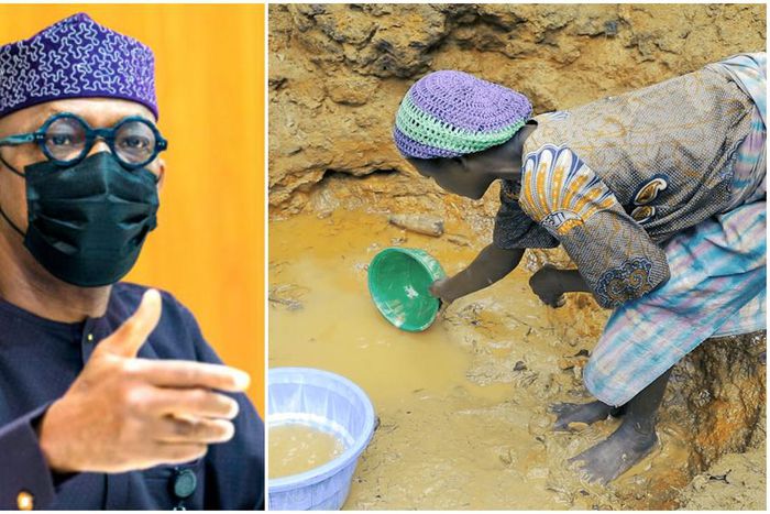 Ogun State Governor, Prince Dapo Abiodun, and a resident of the state fetching dirty water.
