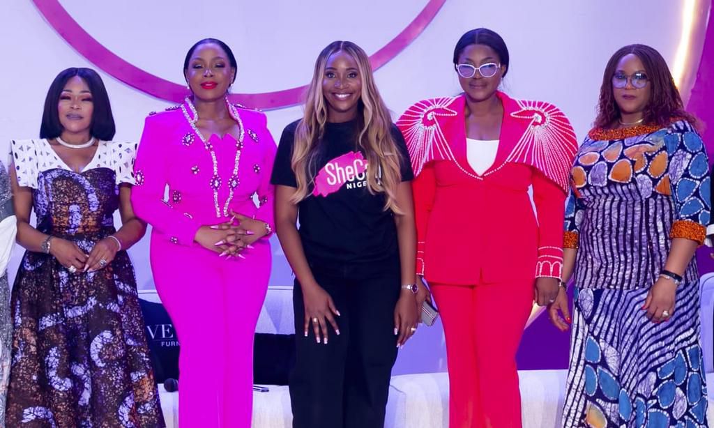 L-R Shaffy Bello, Actress; Optiva Capital Partners CEO, Dr. Jane Kimemia; SheCan Convener, Ezinne Ezeani; Founder, Lifecard International Limited, Grace Ofure Ibhakhomu; and Audrey Joe-Ezigbo, Deputy Managing Director, Falcon Corporation at the SheCan ...