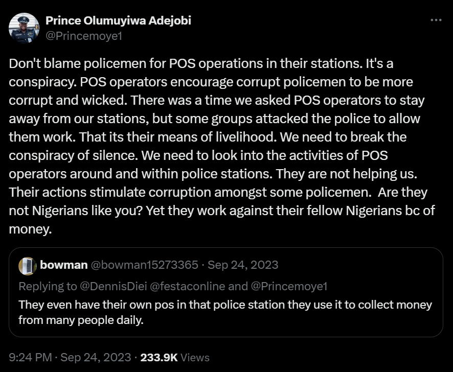 Force spokesperson, Muyiwa Adejobi, blames POS operators for corrupting police officers [X/@Princemoye1]