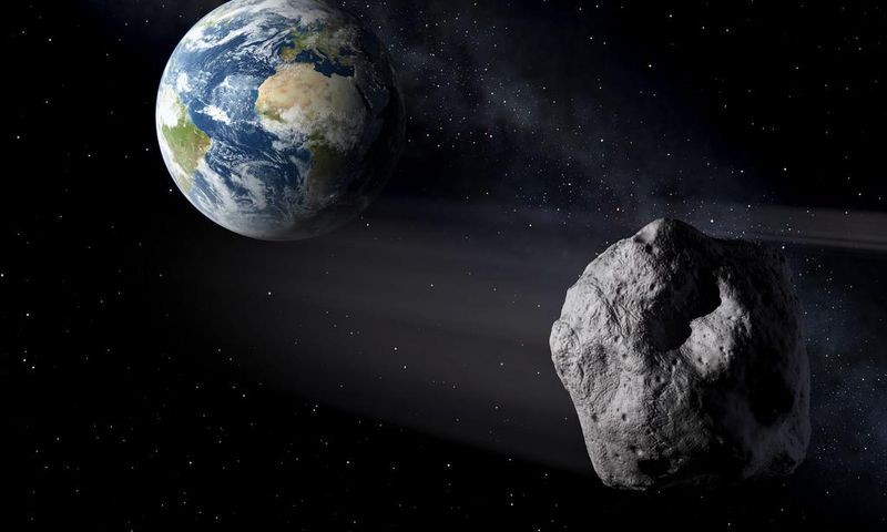 An artist's illustration of asteroids flying by Earth.Peter Carril/ESA