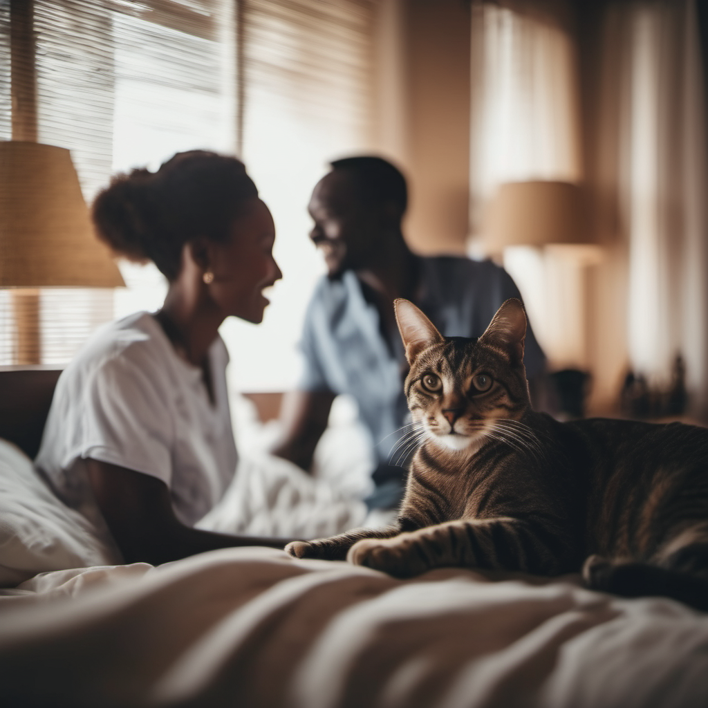 A couple in the bedroom and their cats lying in bed