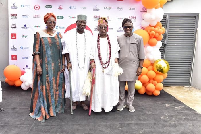 L-R: Managing Director/Chief Chef, Roots Foods Limited, Mrs. Binta Adisa; The Adeboruwa of Igbogbo, Oba Abdulsemiu Orimadegun Kasali; The Ayangburen of Ikorodu, Oba Abdulkabir Adewale Shotobi, and Chairman, Roots Foods Limited, Mr. Lanre Adisa during t...