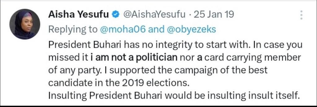 A screenshot of Aisha Yesufu's tweet in which she claimed she is not a politician