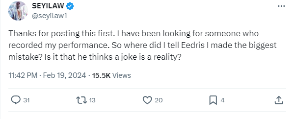 Seyi Law slams Eedris Abdulkareem [X/Seyi Law]