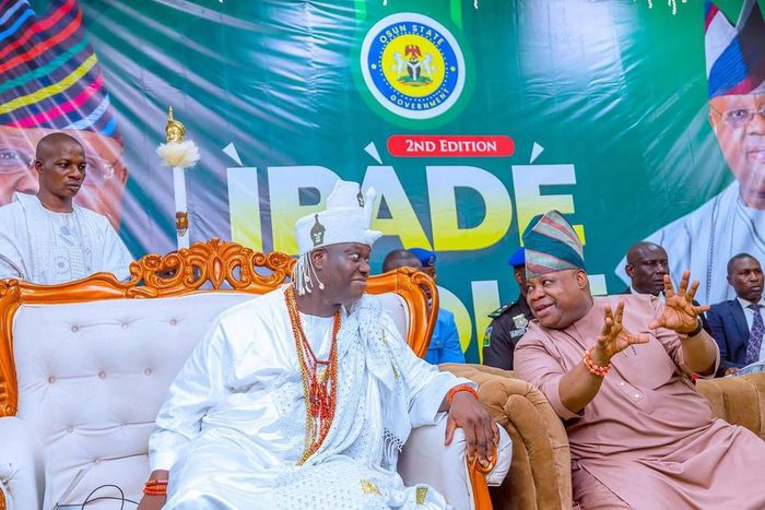 Osun State governor, Ademola Adeleke, with Ooni of Ife, Oba Adeyeye Ogunwusi, Ojaja [Instagram/@aadeleke_01]