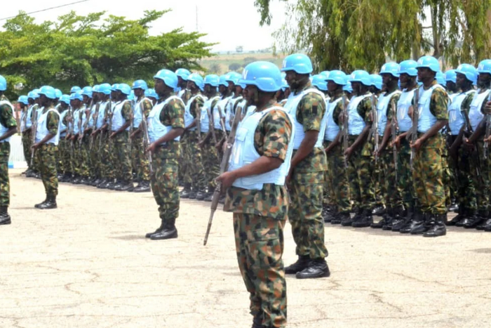Troops deployed for peacekeeping mission in Gambia on Friday at Martin Luther Agwai International Leadership and Peacekeeping Centre Jaji Kaduna state.  [NAN]
