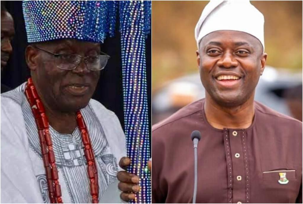 The incoming Olubadan, Owolabi Olakulehin and Governor Seyi Makinde of Oyo State.