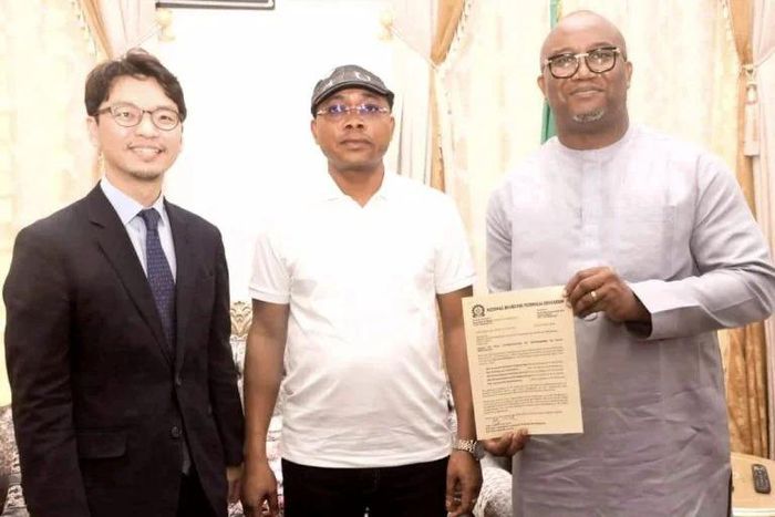 L-R: Country Director of KOICA, Mr Sungil Son; Gov. Ahmed Ododo of Kogi State; and the Rector of NKFI, Mr Williams Charles, during a courtesy call to Ododo, at Government House Lokoja [NAN]