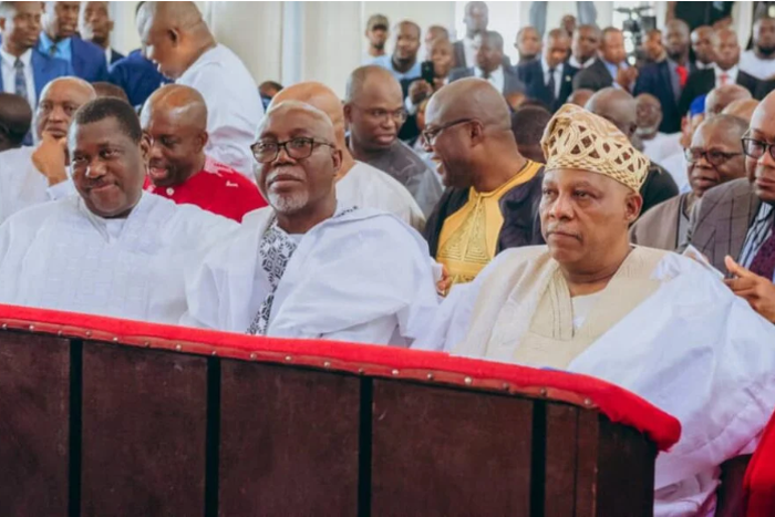 Shettima, Aiyedatiwa, Akume at the church service to pay last respect to Akeredolu