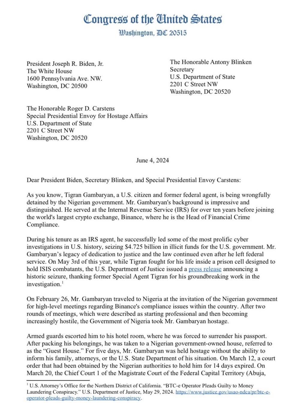 The US lawmakers' letter to Joe Biden.