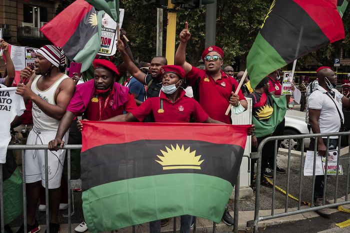 IPOB agitators take part in a demonstration in Rome near the British Embassy to call for the release of Nnamdi Kanu in Biafra, after he was detained in Nigeria on July 26, 2021 in Rome, Italy. [Getty Images]