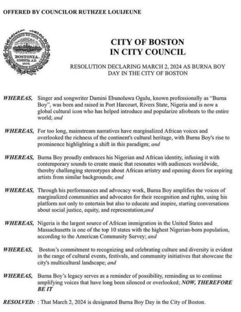 City of Boston declares March 2nd as Burna Boy's Day