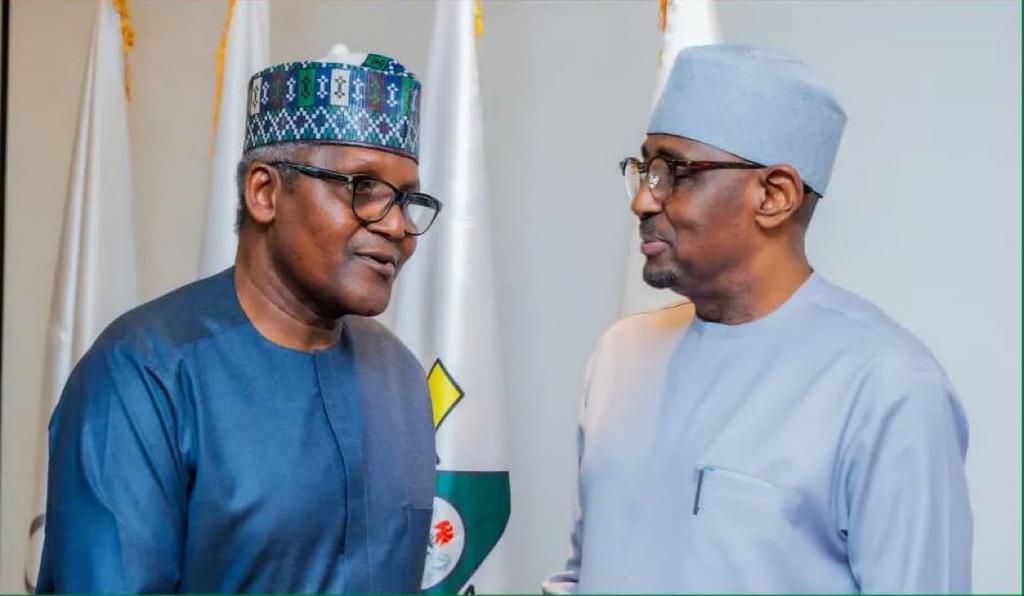 Aliko Dangote and the Chief Executive Officer of the Nigerian Midstream and Downstream Petroleum Regulatory Authority, Farouk Ahmed.