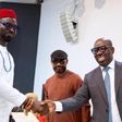 Edo State Governor, Godwin Obaseki (R), congratulates his new deputy, Omobayo Godwins (L), in Benin City, the state capital, on Monday, April 8, 2024 in the presence of admirers . [Channels TV: