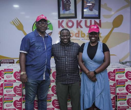 L-R: Temitope Ashiwaju, Group Corporate Communications and Event Manager, Dufil Prima Foods LTD; Olukokun Adepeju, Founder, Kokun Foundation Food Bank, and Oluwadamilola Olujide, Associate Consultant, Chain Reactions Africa at the food donation initiat...