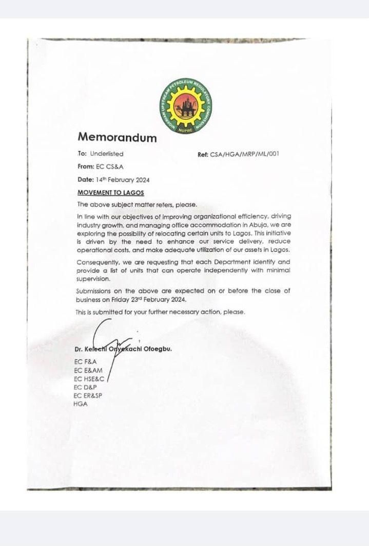 The memo announcing the plan to relocate the departments.[Channels TV]