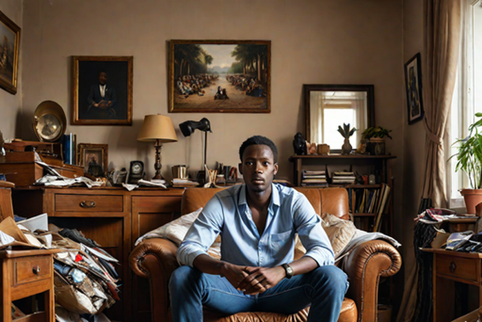 An AI-generated image of a man sited in an unkept house