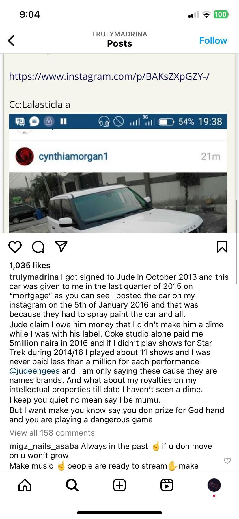 Cynthia Morgan'a post [Instagram/trulymadrina]