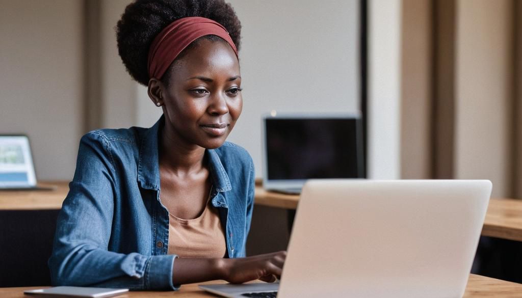 An AI generated image of a woman working on a laptop