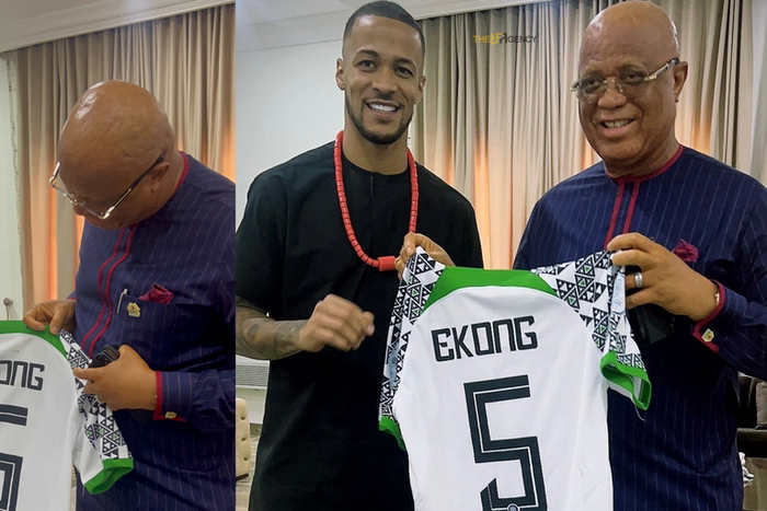 William Troost-Ekong presents jersey to his Governor Umo Eno [BFA]
