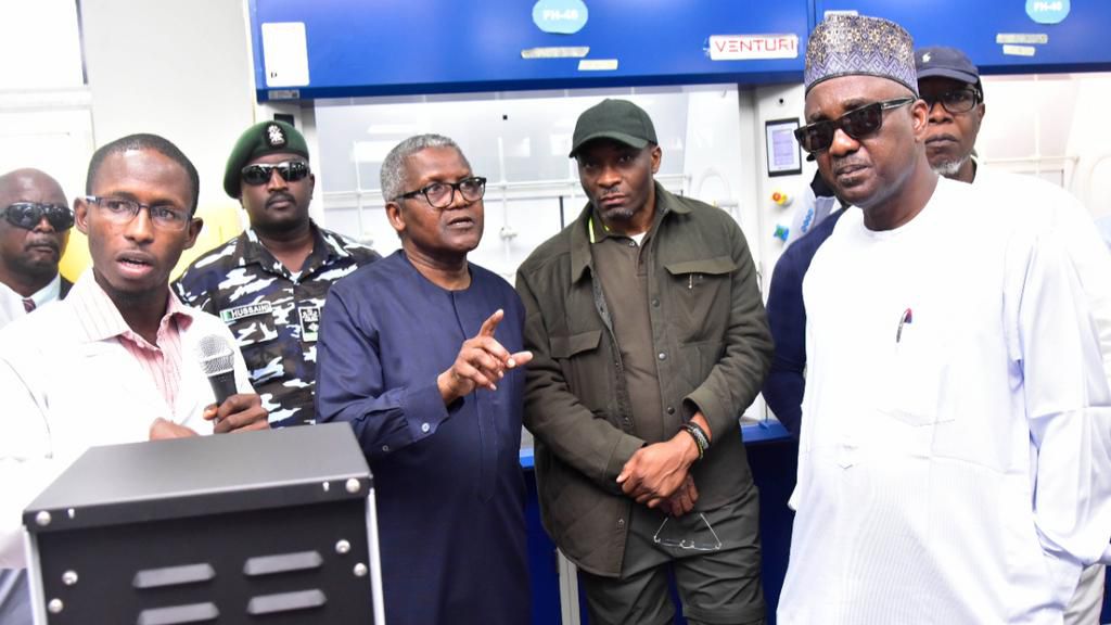 L-R: Lab Analyst at the Dangote Petroleum Refinery, Ashiru Umar Abdullahi; President/CE, Dangote Industries Limited, Aliko Dangote; Deputy Speaker, House of Representatives, Hon. Benjamin Kalu; Speaker, House of Representatives,  Rt. Hon. Abbas Tajudee...