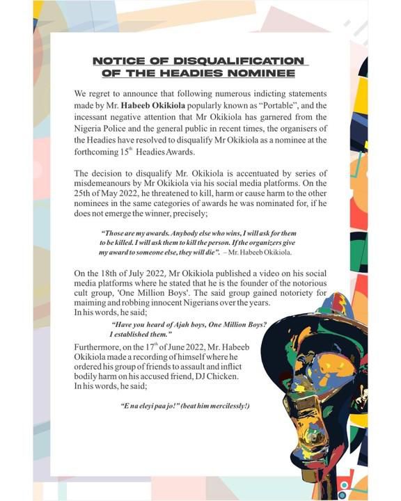 The headies press release disqualifying Portable