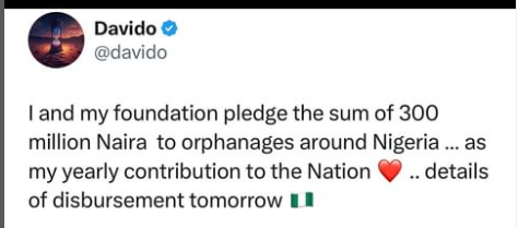 Davido's tweet [IG/Davido]
