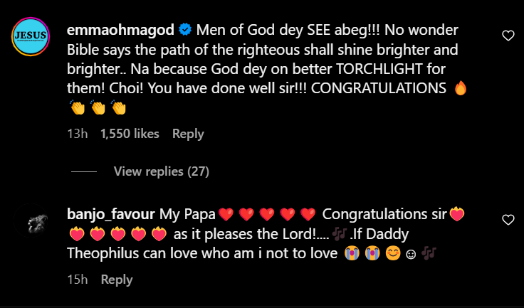 Congratulatory messages for Theophilus Sunday [Instagram/Theophilus Sunday]