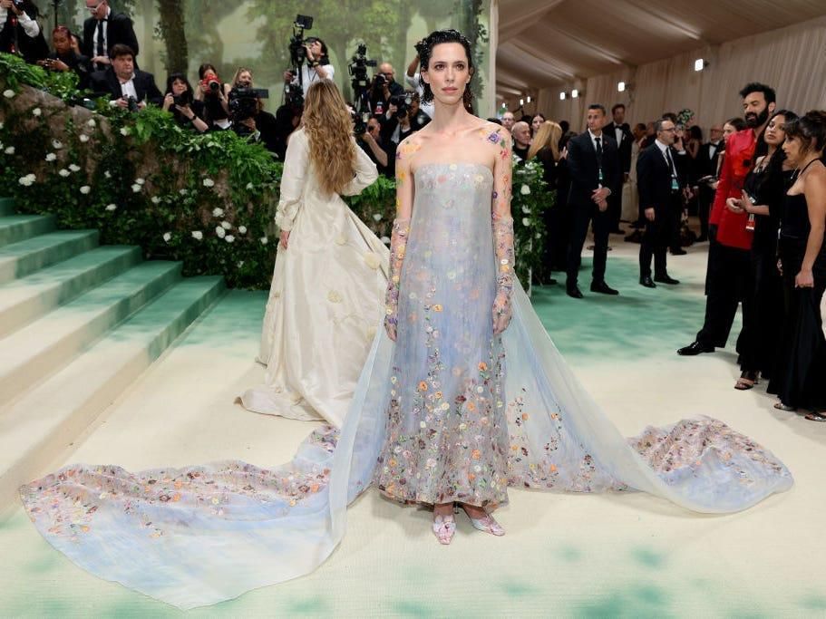Rebecca Hall looked ethereal in a gray gown decorated with hand-painted flowers.