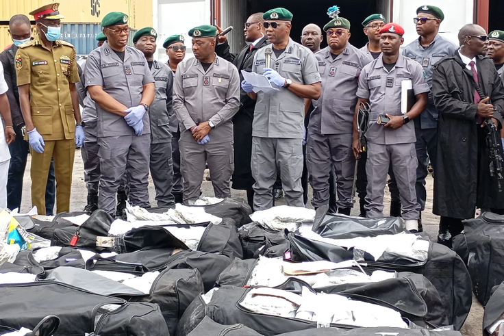 From the middle, the Comptroller-General of Customs, Bashir Adeniyi; the Zonal Coordinator Zone A, ACG Saidu Yusuf; the Customs Controller, Tin Can Island Port Command, Comptroller Dera Nnadi; and the representative of NDLEA, during the briefing of the...