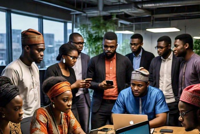 A group of people using cell phones and computers [Meta AI]