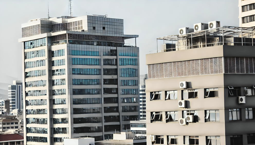 An AI-generated image of an urban landscape in Nairobi, Kenya featuring modern high-rise buildings with visible air conditioning vents