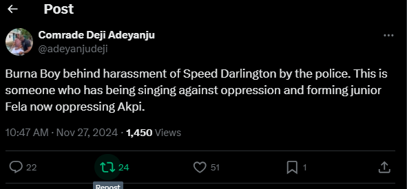 Burna Boy behind Speed Darlington's latest arrest - Lawyer reveals