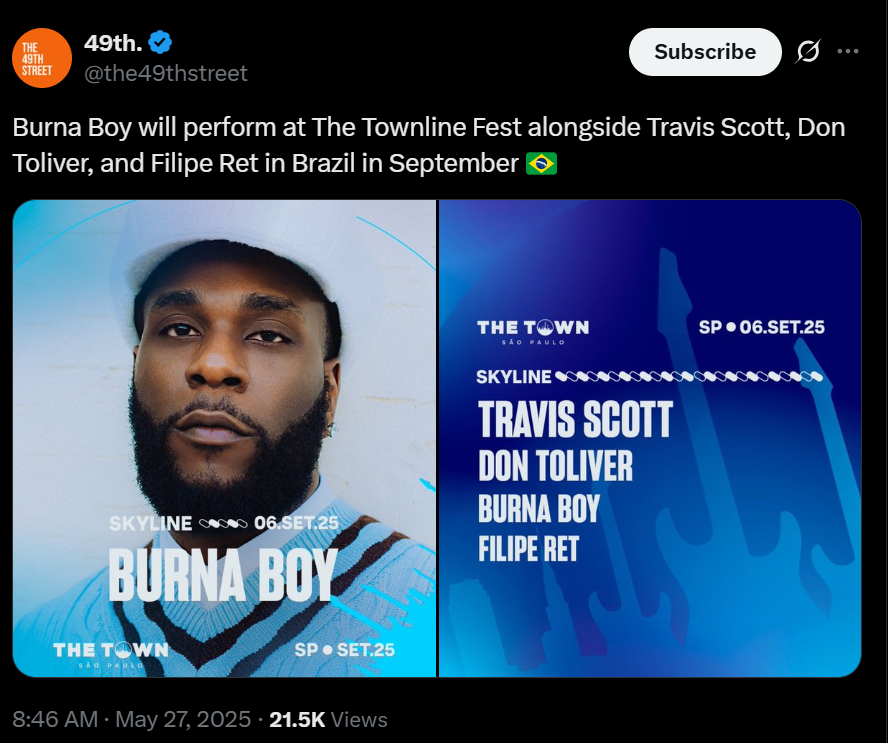 Burna Boy to headline The Townline Fest alongside Travis Scott