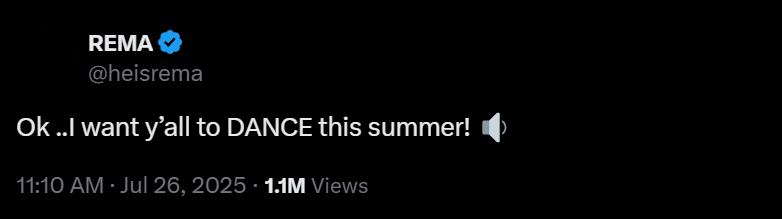 Rema promises fans a summer jam in a post on X