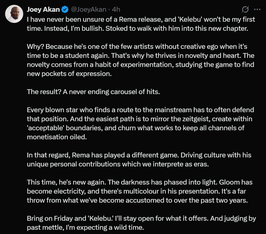 Music journalist and podcaster Joey Akan praises Rema's incoming single
