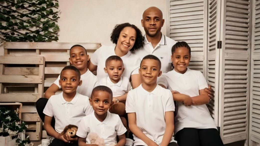 Entertainment news Celebrity gossip Movie and TV show updates Latest celebrity news Trending entertainment stories Baltasar Engonga in a potrait photograph with his wife and six kids. [X, formerly Twitter/@PureStanleyy]