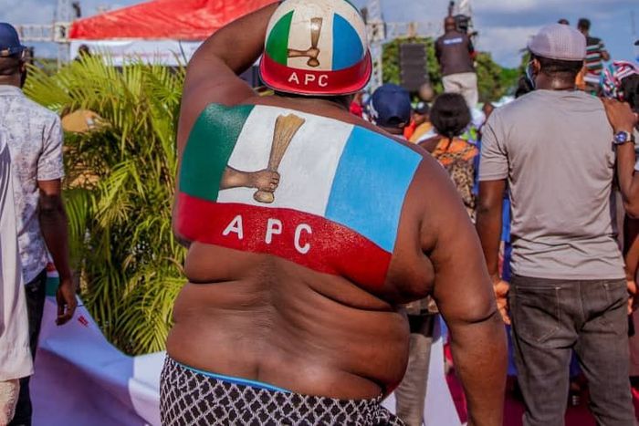 An APC party supporter waves the party's flag at an election campaign rally in Edo State [Twitter/@PastorIzeIyamu]