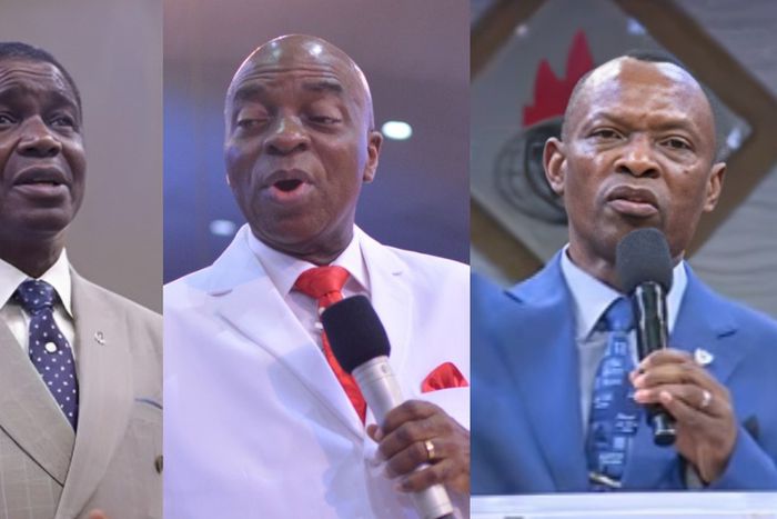 L-R:  Bishops David Abioye, Bishop David Oyedepo, and Thomas Aremu. [Facebook]