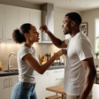 A landscape image of a black man hitting a woman in a modern kitchen