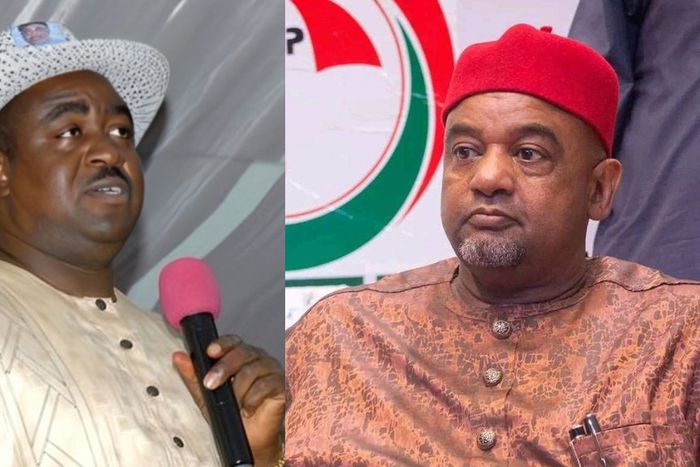 L-R: Former Benue State governor, Gabriel Suswam and PDP acting chairman, Umar Damagum. [Facebook]