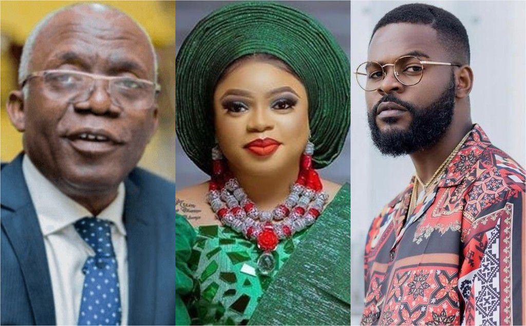 L-R: Human Rights lawyer, Femi Falana, Idris Okuneye aka  Bobrisky and Folarin Falana aka Falz.