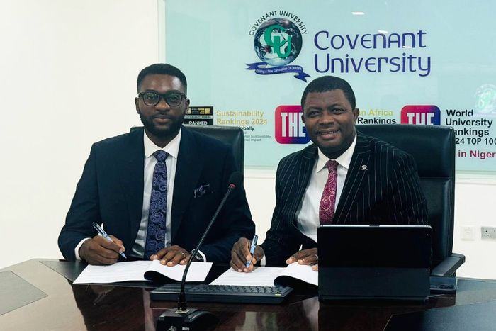 Signing of Endowment Fund MOU by Dickson Nsofor, CEO of Kora, and Professor Abiodun H. Adebayo, VC of Covenant University