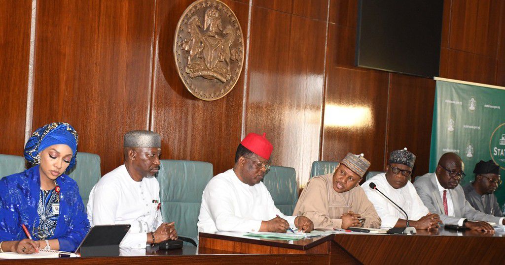 Mr Ekperikpe Ekpo, Minister of State for Petroleum Resources (Gas), Alhaji Mohammed Idris, Minister of Information and National Orientation and others briefing State House correspondents after the Federal Executive Council meeting on Wednesday