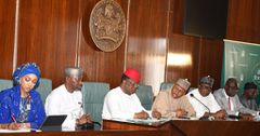Mr Ekperikpe Ekpo, Minister of State for Petroleum Resources (Gas), Alhaji Mohammed Idris, Minister of Information and National Orientation and others briefing State House correspondents after the Federal Executive Council meeting on Wednesday