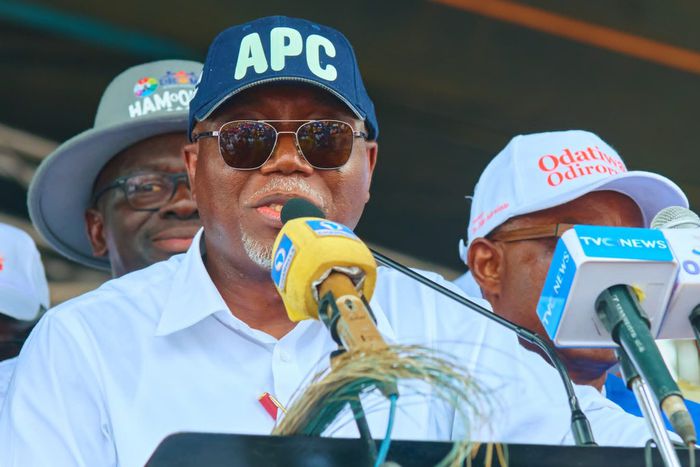 Gov. Lucky Aiyedatiwa speaking at the flag off of his campaign