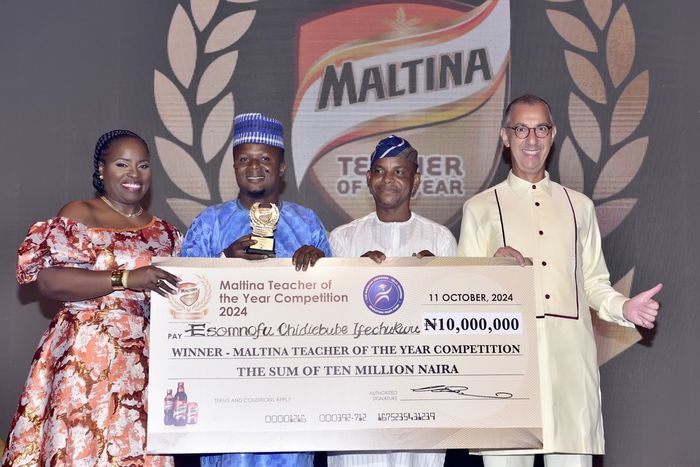 L-R: Corporate Affairs Director, Nigerian Breweries Plc, Sade Morgan;  Winner, 2024 Maltina Teacher of the Year, Esomnofu Chidiebube Ifechukwu; Commissioner for Basic and Secondary Education, Lagos State, Jamiu Alli-Balogun, and Managing Director, NB P...